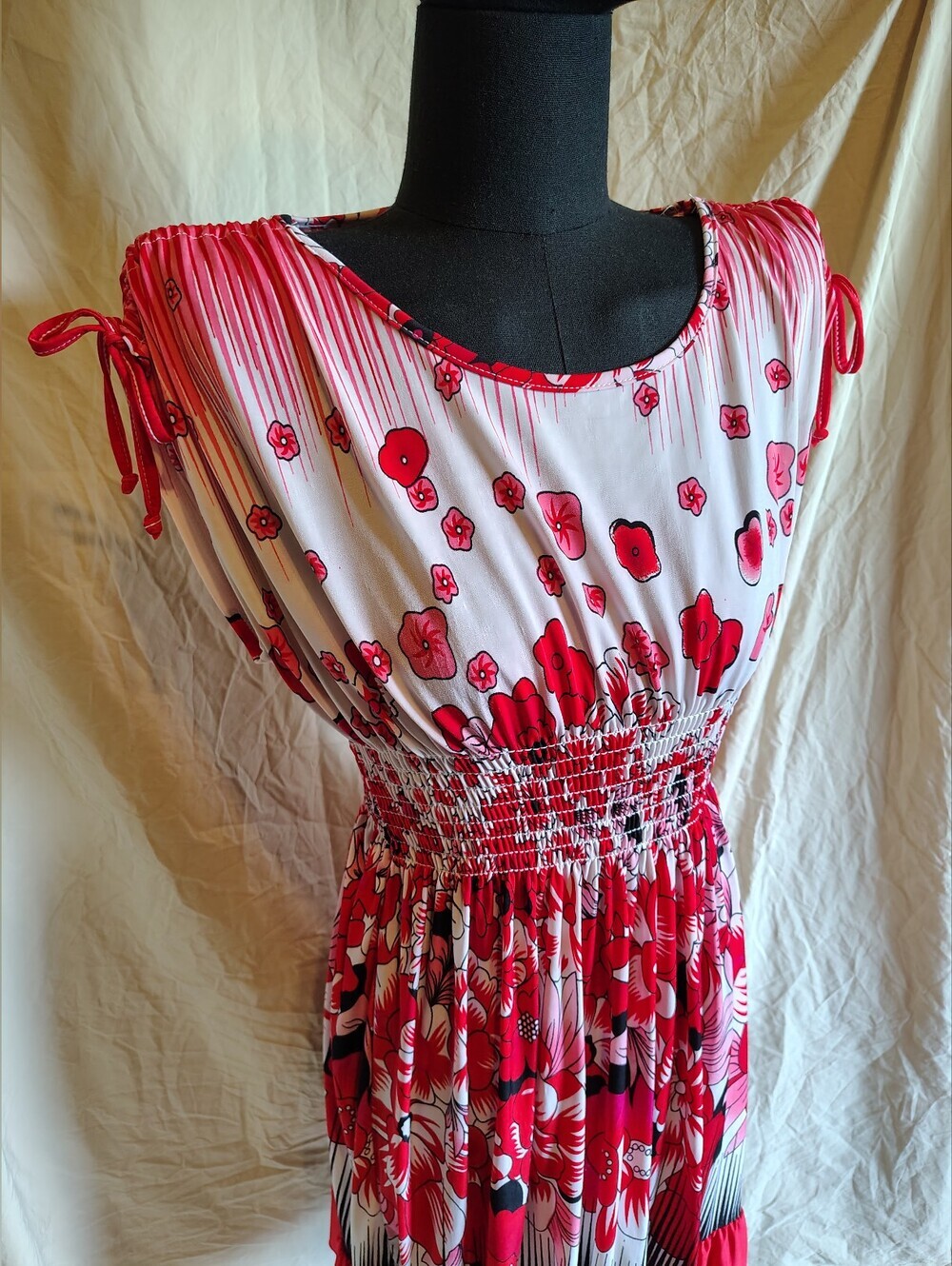 FC Factory Connection Floral Red & Pink Smock Waist Sundress Drawstring Sleeves - Picture 2 of 10